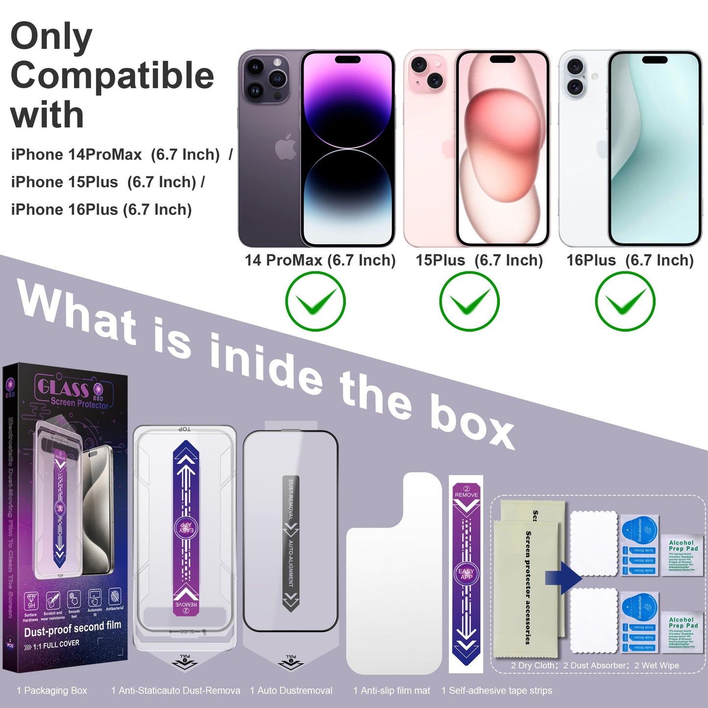 CHRYSHA 2-Pack Screen Protector Tempered Glass for iPhone 16 Plus and iPhone15 Plus and iPhone 14 Pro Max 6.7-Inch, Auto Dust Removal, No Bubbles, High Definition Clear, Easy Installation