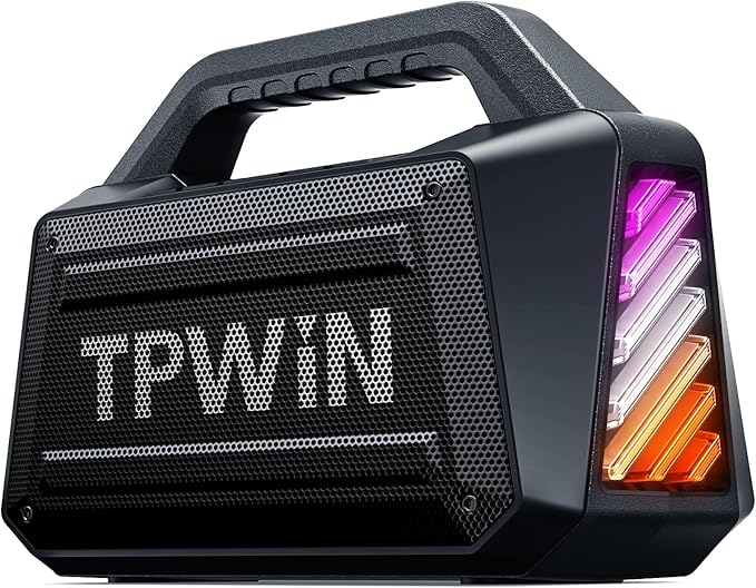 TPWIN Bluetooth Speaker - 80W Loud Rugged Outdoor Speakers, IPX6 Waterproof, 20H Playtime, Deep Bass, Lightshow, TWS, BT 5.3 Wireless, Portable for Travel Hiking Camping Beach Pool - Black