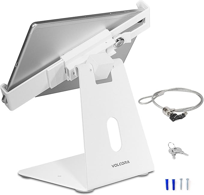 Volcora Anti-Theft Tablet Stand iPad Kiosk Stand with Lock, Silver 10-13'' iPad Stand for Desk, Swivel, Adjustable iPad Holder For Desk, iPad Mount For Desk For POS Register, Retail Business, Cashier