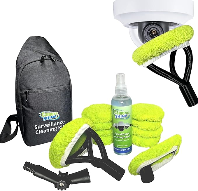 Surveillance/Security Camera Cleaning Tool - Safely from The Ground - with Cleaning Solution & Re-usable Microfiber Towels