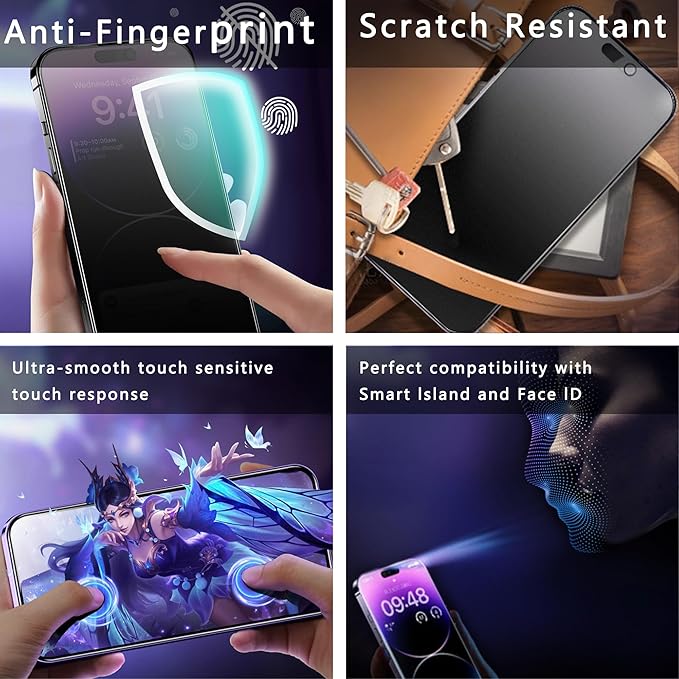 2 Pack Matte Privacy Screen Protector for iPhone 16/15/14 Pro 6.1-Inch Auto Dust Removal, No Bubbles, Anti-Spy Tempered Glass Film, Easy Installation