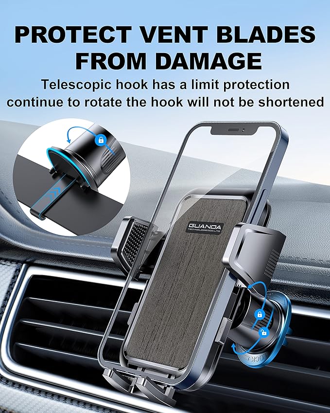 Phone Mount for Car Vent, Metal Hook, 360° Rotation, One-Press Release