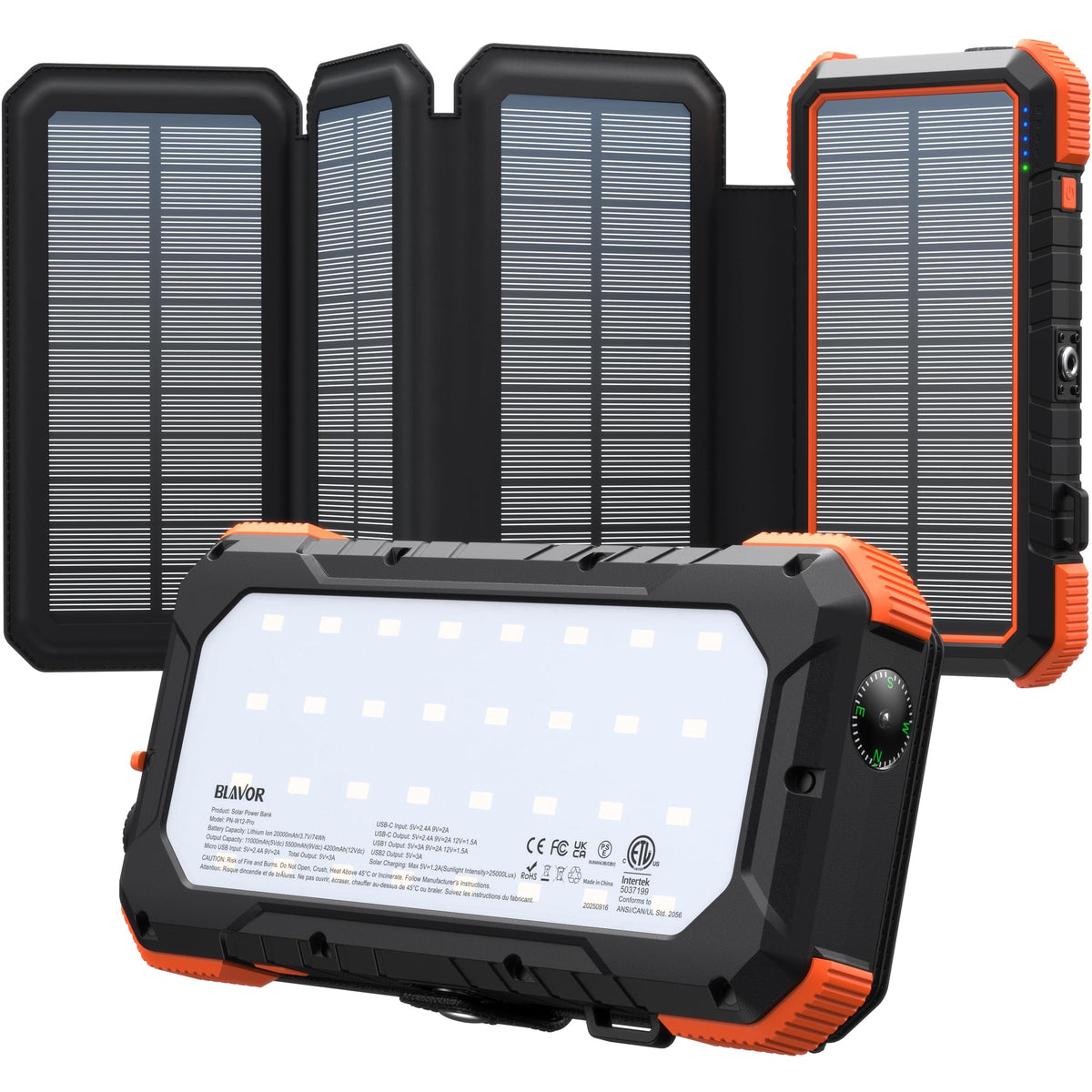 BLAVOR Solar Power Bank with 4 Foldable Panels, 20000mAh Portable Charger