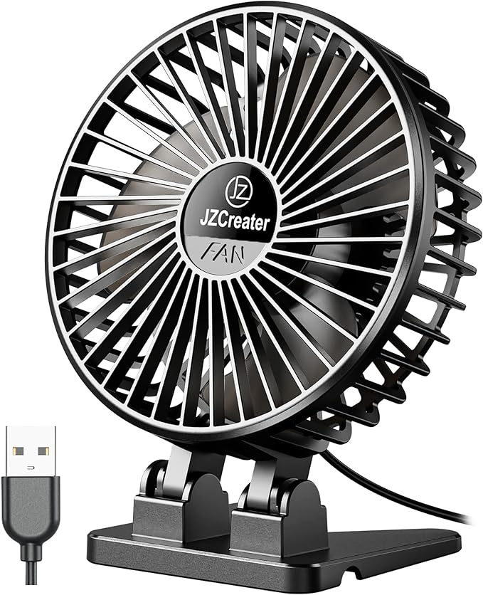 JZCreater USB Desk Fan, Mini Fan Portable, 3 Speeds Desktop Table Cooling Fans, Plug in Power, Rotation Strong Wind, Quiet Personal Small Fan for Home Desktop Office Travel Bedroom, Black (2Pack)