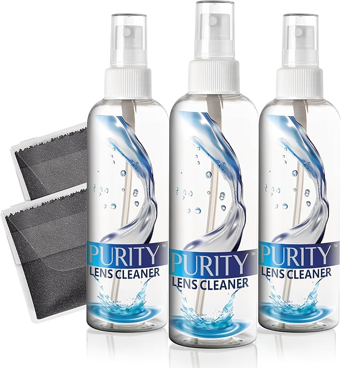 Purity Eyeglass Cleaner Family Pack - Multi-Size Lens Cleaner Kit - 1x1oz, 1x2oz, 1x4oz, 1x8oz Bottles + 4 Premium Microfiber Cloths - Safe for All Lenses, Eyeglasses, & Screens - Streak-Free Formula
