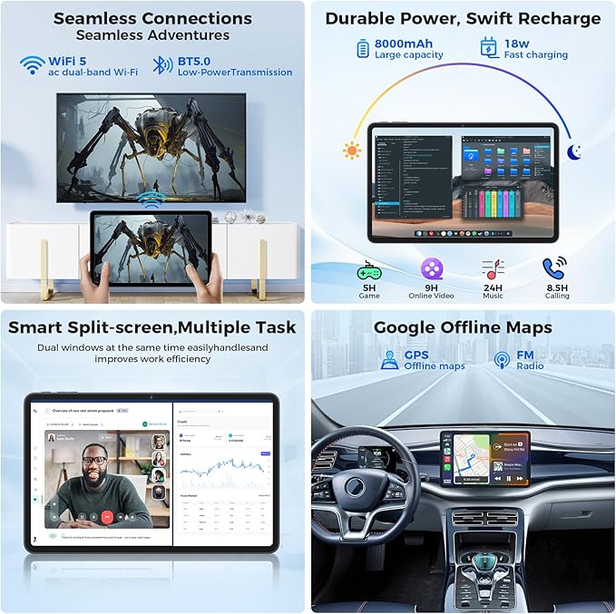 Tablet 12 inch Android 15 Tablets, 24GB(8+16)RAM+256 Storage(Expand to 1TB), Android Tablet with Keyboard, Octa-Core, 2K 2000x1200 Display, 16MP Dual Camera, 8000mAh, 5G WiFi,GPS,Bluetooth 5.0(Black)