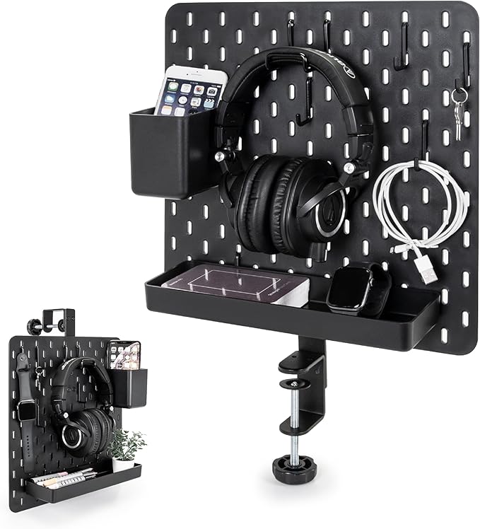 EHO Clamp-On Desk Pegboard, 2Pack (Combined Size 27 x 14 inch) Privacy Divider, Desk Partition Panel, No-Drill Desk Mounted Peg Board Organizer for Office, Gaming, Home, Black