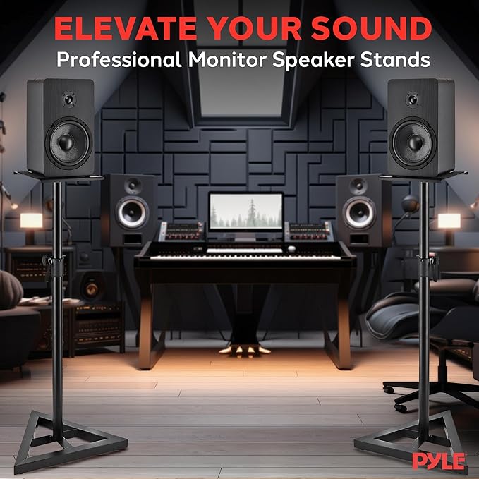 Pyle Speaker Stand Pair of Sound - Play 1 and 3 Holder, Telescoping Height Adjustable from 26” - 52” Inch, High Heavy Duty Three-point Triangle Base w/ Floor Spikes and 9” Square Platform, Black