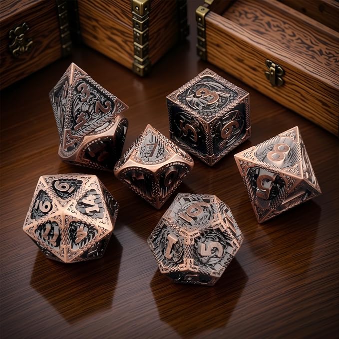 PJOY Metal DND Dice Set D&D Dragon Dice Copper with Metal Case D and D Dice for Dungeons and Dragons TTRPG Gifts