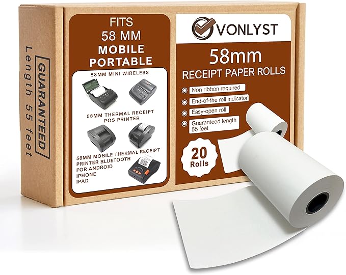 Vonlyst Receipt Paper Roll for 58mm Mobile Portable Thermal Printer (Pack 10 rolls)