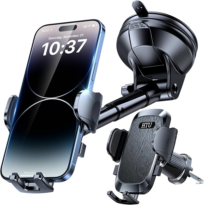 HTU Car Phone Holder【2026 Upgraded 100+LBS Suction & Safety Cert】 Cell Phone Car Mount for Truck Heavy Duty Phone Holder for Dashboard/Windshield/Vent for iPhone 17 16 Pro Max