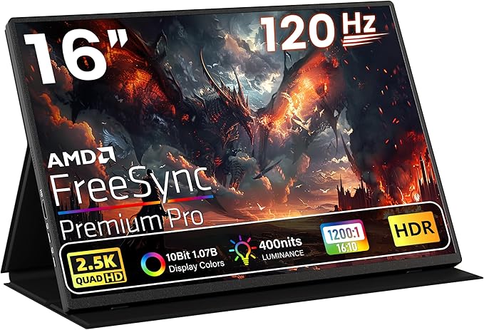 Upperizon Portable Monitor 16 inch 2K QHD 2560X1600 145% sRGB, 144Hz USB-C, 120Hz HDMI, Travel Monitor for Laptop MacBook PC Surface PS5 Xbox, External Display with Kickstand & Speaker VESA Compatible