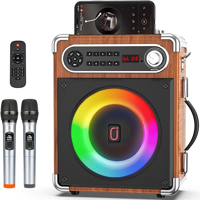JAUYXIAN Bluetooth Speaker with Two Wireless Microphones, Outdoor Speaker with Subwoofer/Tweeter, Portable PA Speaker System with Remote Control, Discol Lights, FM, REC for Home, Party