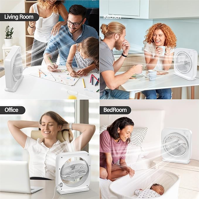 Portable Table fan, Window Fan,Small Box Fan with 3 Powerful Speed & 4 Timer Setting, 270° Pivoting Quiet Square DC Fan for Home Office Bedroom Bathroom Kitchen
