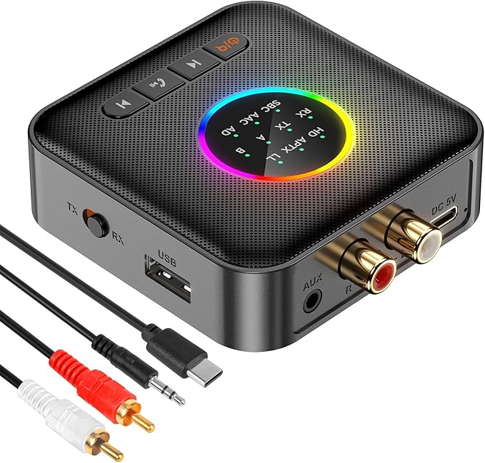 Bluetooth Transmitter Receiver aptX Adaptive/Low Latency/HD Bluetooth Adapter 5.2 Support 2 AirPods Phones, Wireless Audio Receiver 3.5mm Aux Headphone Jack Adapter for Airplane Travel/TV/Home Stereo