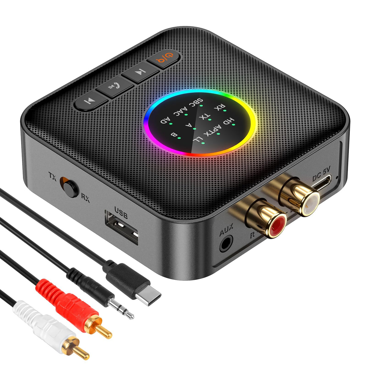 Bluetooth Transmitter Receiver aptX Adaptive/Low Latency/HD Bluetooth Adapter 5.2 Support 2 AirPods Phones, Wireless Audio Receiver 3.5mm Aux Headphone Jack Adapter for Airplane Travel/TV/Home Stereo