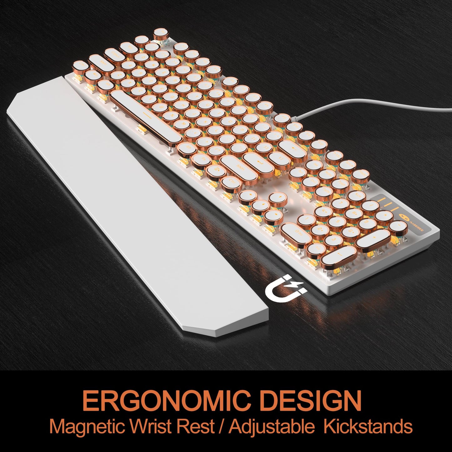 MageGee Typewriter Mechanical Gaming Keyboard, Retro Gold Punk Round Keycaps LED Backlit Wired Keyboards for Laptop MAC PC Gamer, with Magnetic Wrist Rest - Blue Switch