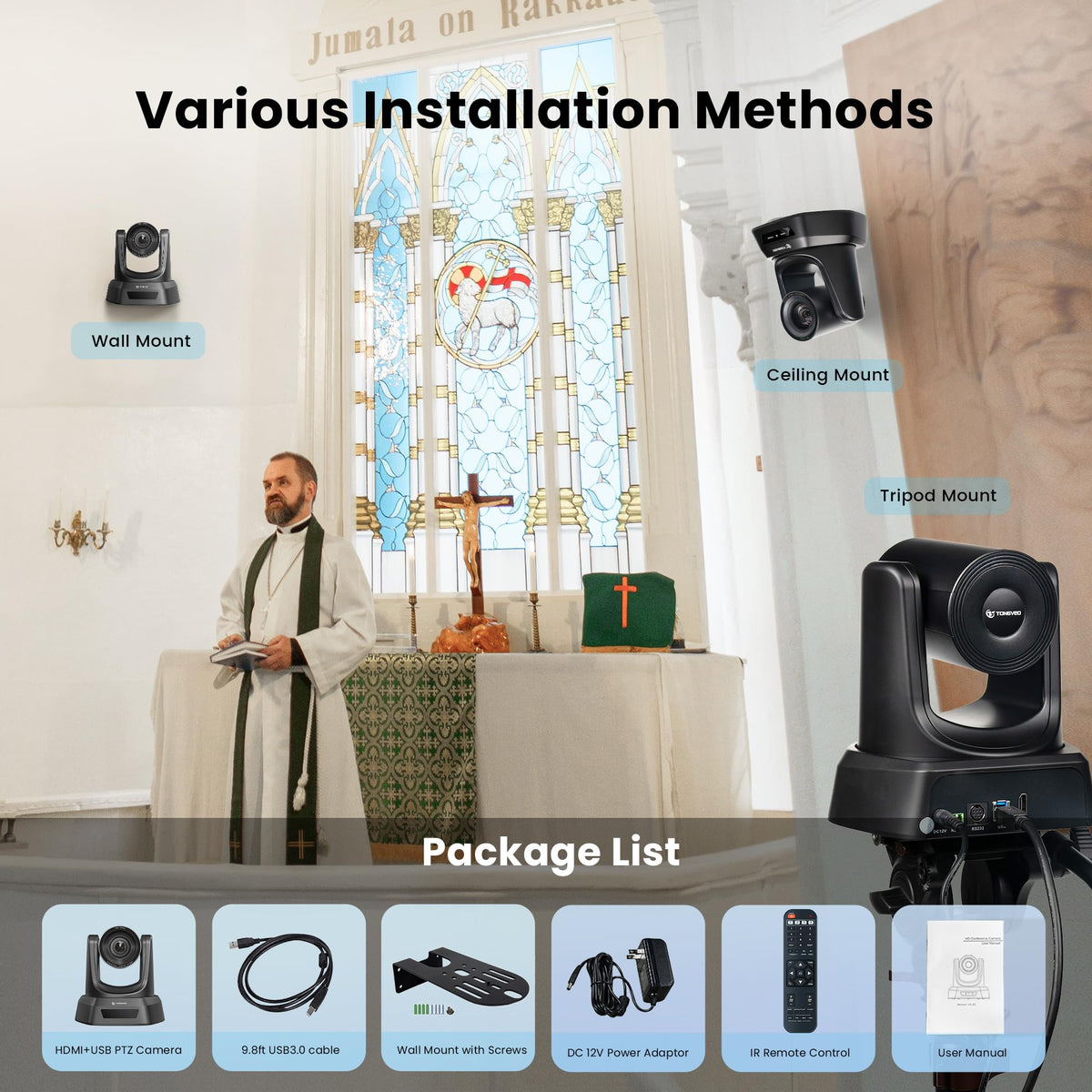 TONGVEO Conference Room PTZ Camera System with 20X Optical Zoom, AI Auto Tracking 1080P 60fps HDMI USB Webcam for Church Streaming Online Video Conference,Compatible with Zoom, OBS Easy Setup(1 pc