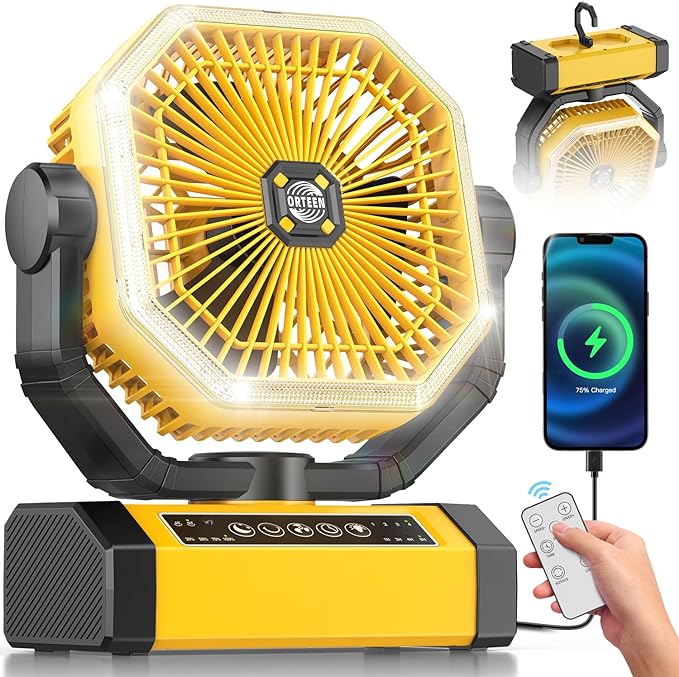 Battery Powered Fan - 9-Inch Rechargeable Fan Portable, 24000mAh(60Hrs) Camping Fans for Tent, Auto Oscillation Cordless, Tent Fans for Camping with Remote/light, 4 Speeds, 4 Timing, Outdoor