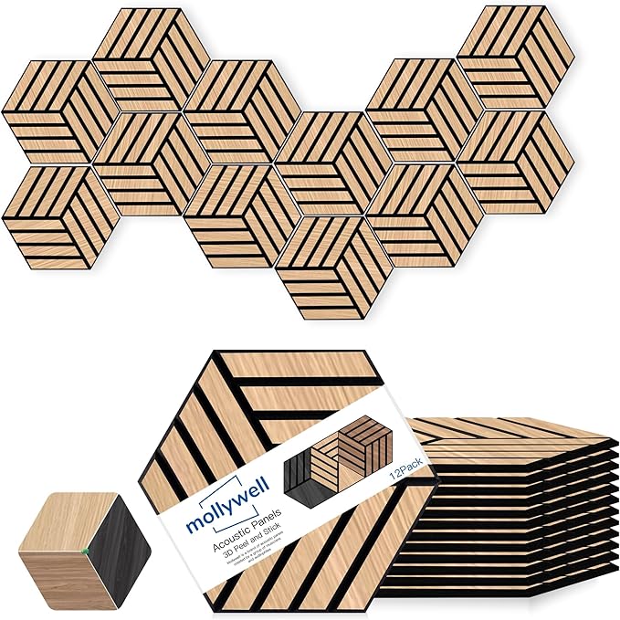 Mollywell Acoustic Panels, PVC Wood-Grain, 14x12 Inch Hexagon Carved Sound Proof Wall Tiles, Self-Adhesive High Density Felt for Home Theater/Studio/Office Echo Reduction, TW4