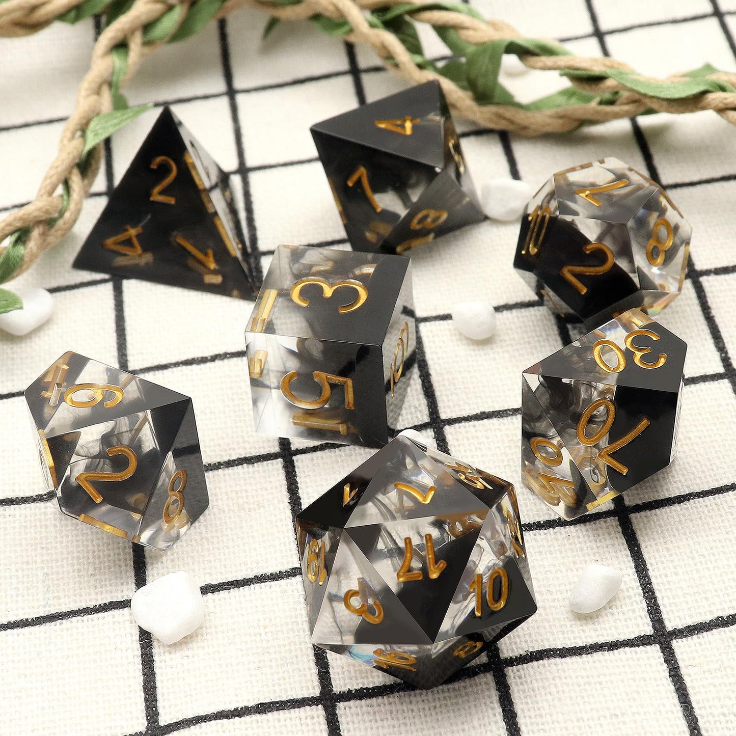 Haxtec Sharp Edge DND Dice Set, Black Swirls Resin Polyhedral RPG Dice