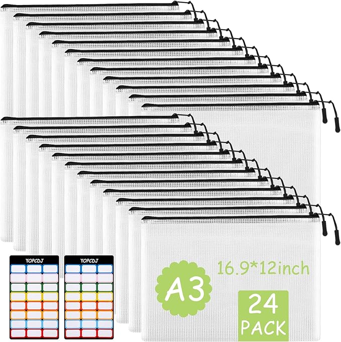 24pcs Mesh Zipper Pouch File Bags Puzzle Storage Bags, A5 Size 9.4 x 6.9 Inches Large Reusable Zipper Pouches for Organizing Classroom Board Game Organization