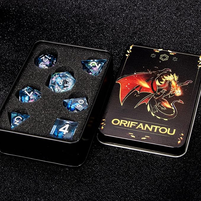 Butterfly DND Dice Colorful Blue Liquid Core Dice Set with Metal Box, Handmade Sharp Edge D and D Polyhedral Dice for use with D&D Role Playing Game, D20 D12 D10 D8 D6 