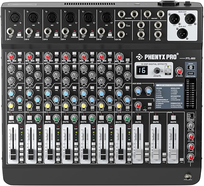 Professional 6-Channel Audio Mixer, Phenyx Pro DJ Sound Mixer Board w/Flexible AUX, BUS, SUB Routing, 16 DSP, BT Streaming & USB-B PC Recording, Mixing Console for Stage, Home Studio (PTL-600)