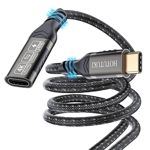 HOTUTUKI USB-C Extension Cable 16.5ft/5M, Male to Female Extender, Braided Data Cord, 100W PD Fast Charging, 20 Gbps