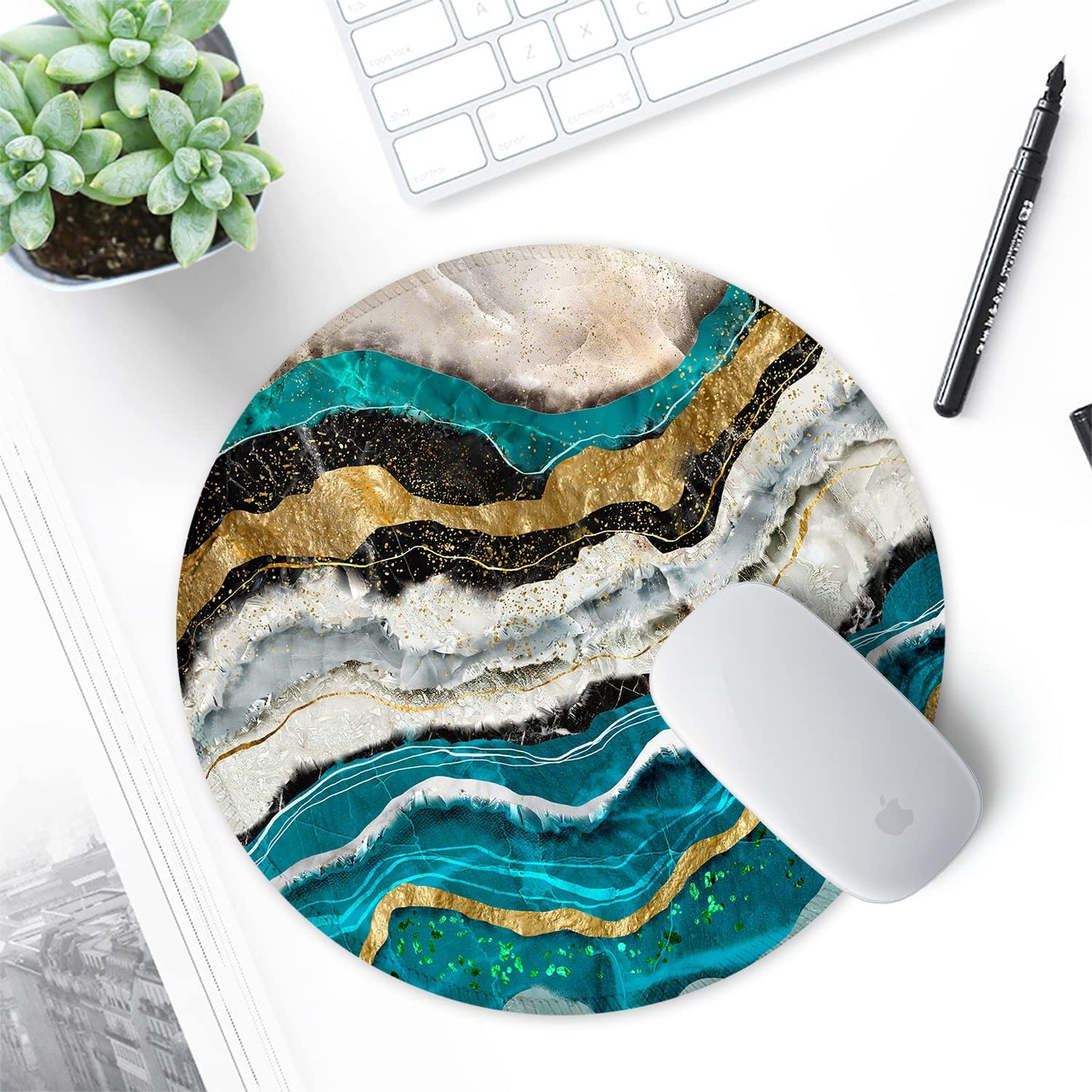 ITNRSIIET Round Mouse Pad with Stitched Edge Premium-Textured Waterproof Non-Slip Rubber Base Desktop Protection Mat Diameter 8.7 inches, Abstract Light Luxury