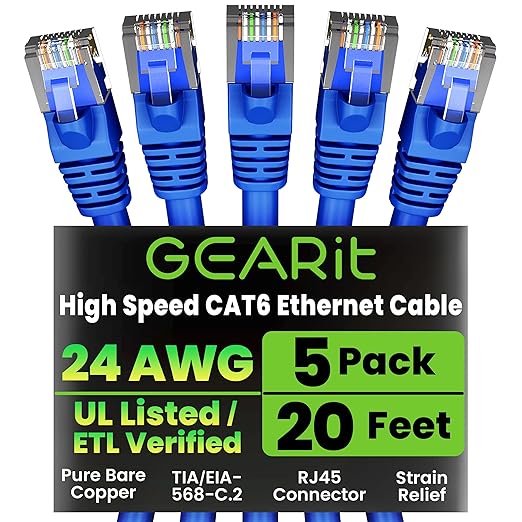 GEARit Cat6 Patch Cables 3 ft Black (5 Pack) Cat 6 Patch Cables 3ft Black/Ethernet Patch Cable, 10Gbps 550MHz 24AWG Pure Copper, Snagless, Gold Plated RJ45 for Router, Server, Router, PC