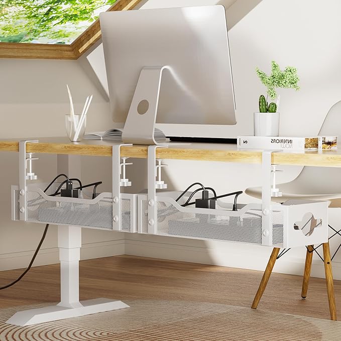 Under Desk Cable Management Tray Black, Litwaro Cable Management Under Desk No Drill, Cable Organizer with Clamp for Wire Management, Cord Organizer No Damage to Desk for Office, Home