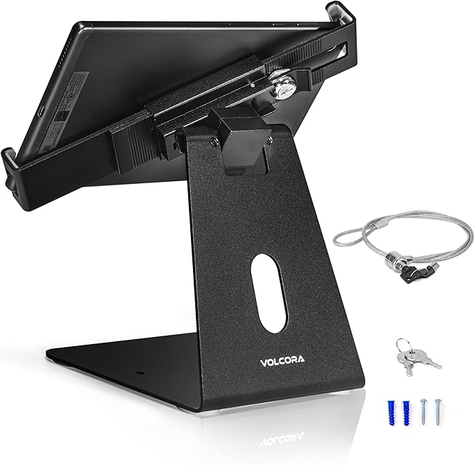 Volcora Anti-Theft Tablet Stand iPad Kiosk Stand with Lock, White 10-13'' iPad Stand for Desk, Swivel, Adjustable iPad Holder for Desk, iPad Mount for Desk for POS Register, Retail Business, Cashier