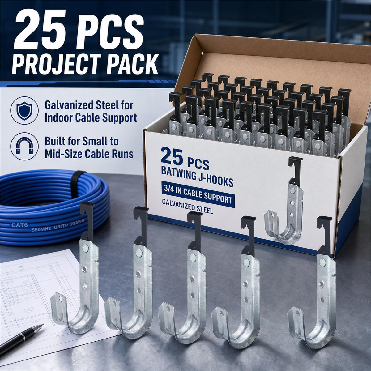 Zonon 25 Pcs J Hooks Bat Wing Cable Support Hangers, 2 Inch