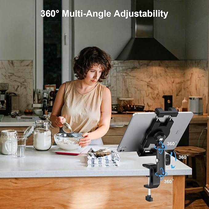 iPad Under Cabinet Mount, Kitchen Tablet Mount Holder, iPad Desk Mount w/Clamp, Aluminum Base&Metal Arm, 360° Rotation, Compatible with 4.7"-12.9" iPad Pro/Air/Mini/Kindles/Galaxy Tab/Phones