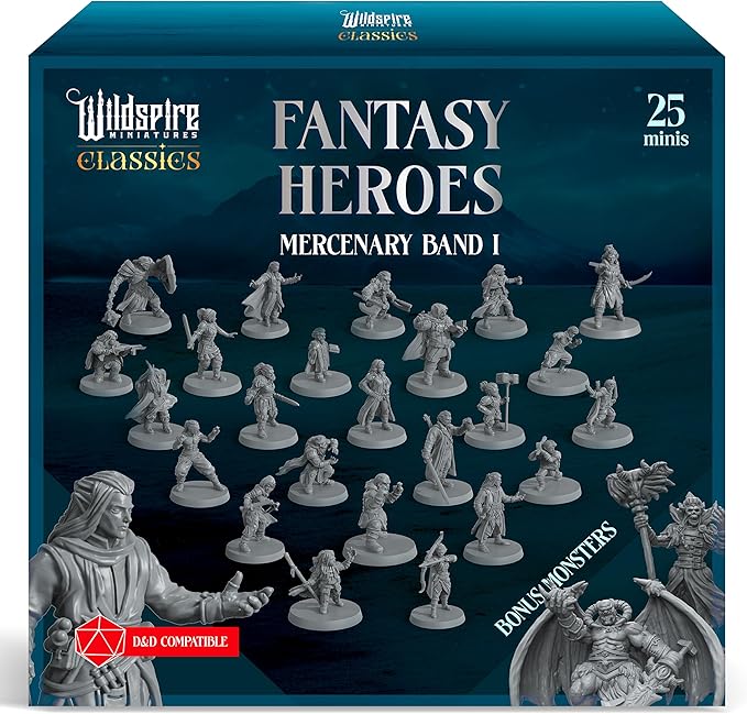 Classic Heroes - Mercenary Band II - 26 Paintable Characters for DND Miniatures Bulk I 28mm Dungeons Dragons D&D Miniatures I DND Minis D&D Figures Dungeons Dragons Figures Pathfinder Compatible