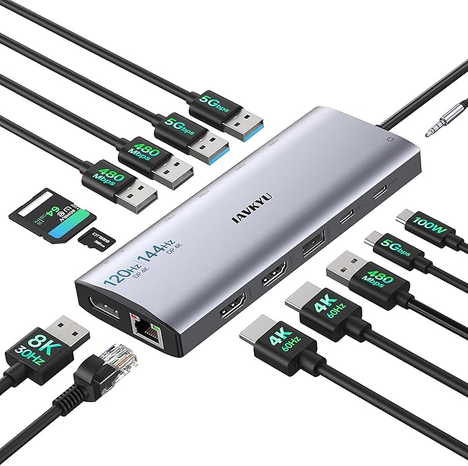 USB C Docking Station 3 Monitors 4K@60Hz, 14-in-1 Laptop Docking Station with 2 HDMI 4K@60Hz, DP 8K@30Hz/ 4K@144Hz, 3 USB 3.0, 2 USB 2.0, RJ45, Audio, PD 100W, USB-C HUB for Windows Laptop Accessories