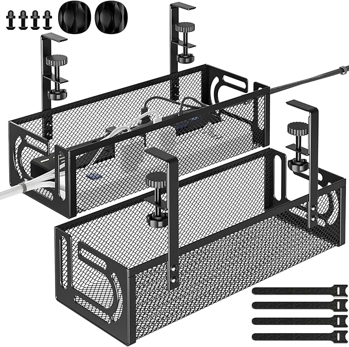 Under Desk Cable Management Tray, 15.7'' No Drill Steel Desk Cable Organizers, Wire Management Tray Cable Management Rack (1 Pack-Black)
