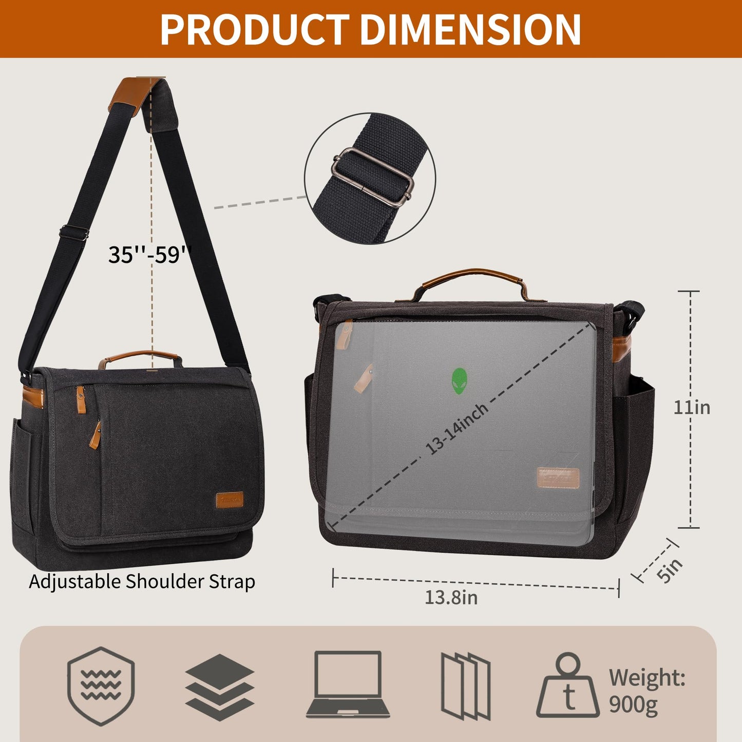 ESTARER 13-14 Inch Laptop Messenger Bag Water-Resistant Canvas Shoulder Bag for Business College, Grey