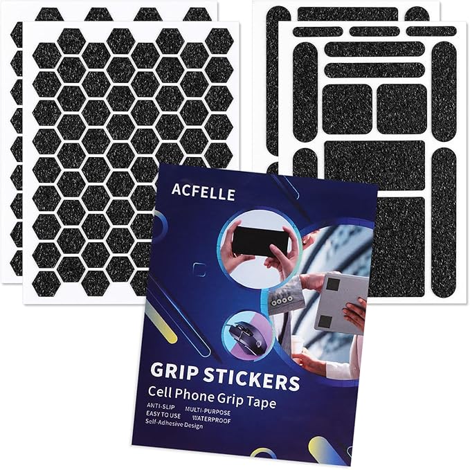 ACFELLE 4Pack Phone Grip Tape, Finger Grip Stickers Decal Waterproof Pre-Cut Non Slip Kit Adhesive Traction for Cell Phone Cases, Handles, Tools (Clear&Black)