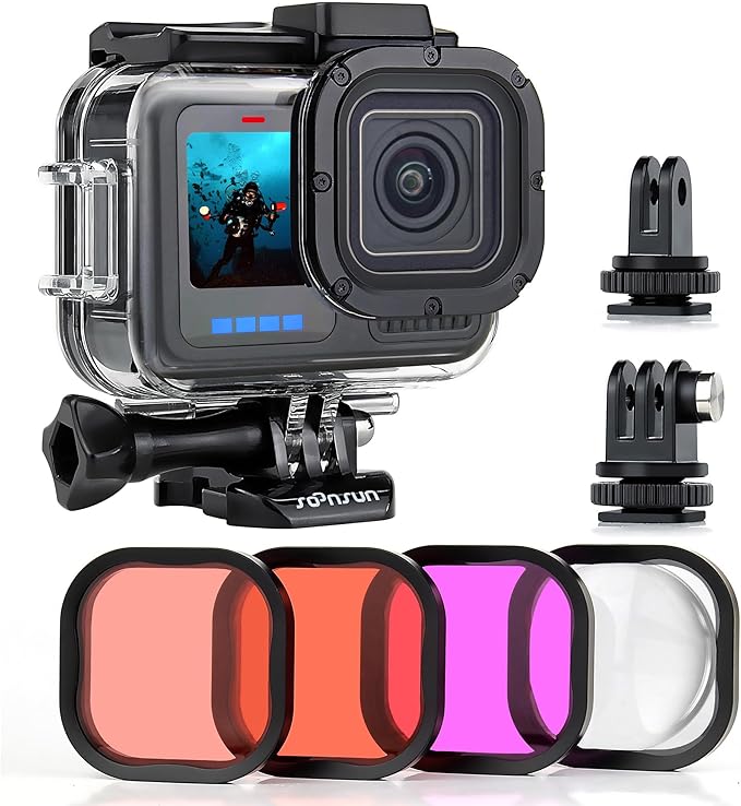 SOONSUN Waterproof Case for GoPro Hero 13 12 11 10 9 Black,196FT/60M Underwater Protective Diving Housing with Accessories, Built-in Dual Cold Shoe Mount to Connect Video Light and Microphone