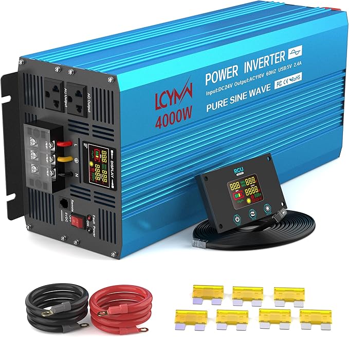 Power Inverter 5000 Watt Pure Sine Wave 48V DC to 110V/120V AC 10000W Peak Converter for Family RV Solar System with 2 AC Outlets LCD Display Remote Control 0.5A USB Charging Port and Wiring Terminal