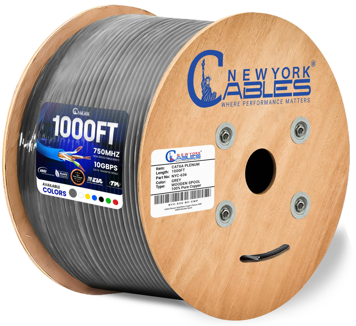Newyork Cables Cat6a Plenum Cable 1000ft - Certified 100% Solid Pure Copper CAT6 A Ethernet Cable – 23 AWG, 750 MHz, PoE++ - Unshielded Twisted Pair - Cat 6a 10 GB High Speed for Networking & Gaming
