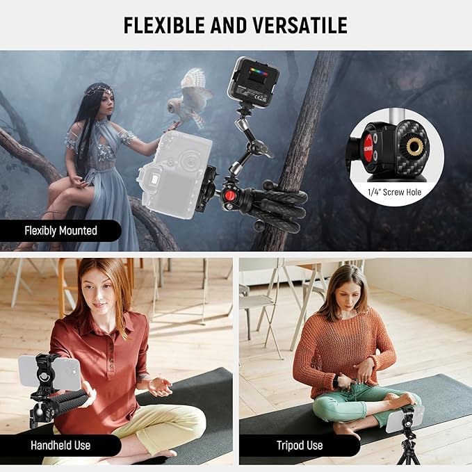 NEEWER Camera Tripod with Remote, Mini Flexible Vlog Phone Tripod Stand with Action Camera Mount Adapter, Hidden Phone Holder & Cold Shoe Compatible with iPhone Hero13 12 11 10 9, Max Load 4.4lb, TP34