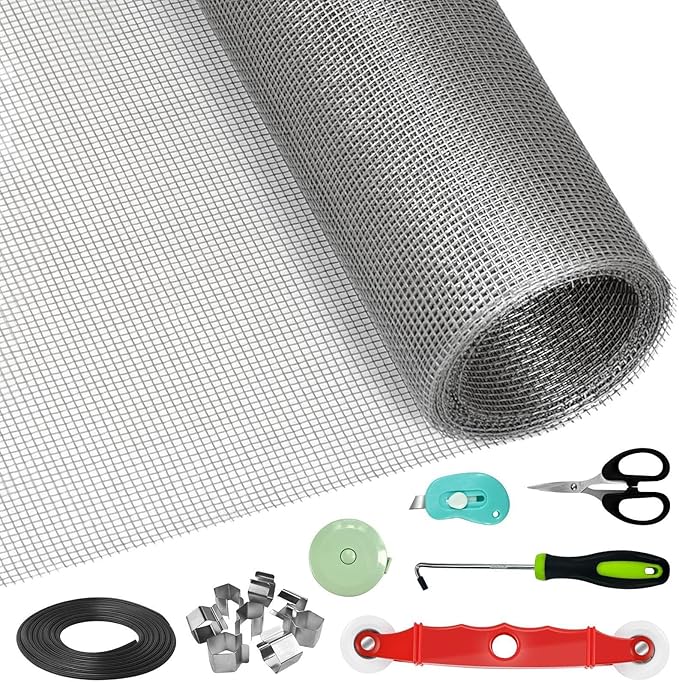 Window Screen Door Repair/Replacement Kit,59" x158" Adjustable Durable Fiberglass Window Screen Mesh,with Spline/Roller/Hook/Clips Screen Door Repair Kit,DIY Window