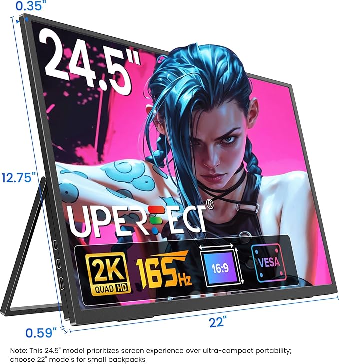 UPERFECT 24.5" Portable Gaming Monitor, 2K QHD 2560×1440, 165Hz USB-C, 144Hz HDMI, 1ms, FreeSync HDR IPS, Dual Speakers, VESA Mount, Adjustable Stand, Travel Second Screen for Laptop/MacBook/Switch