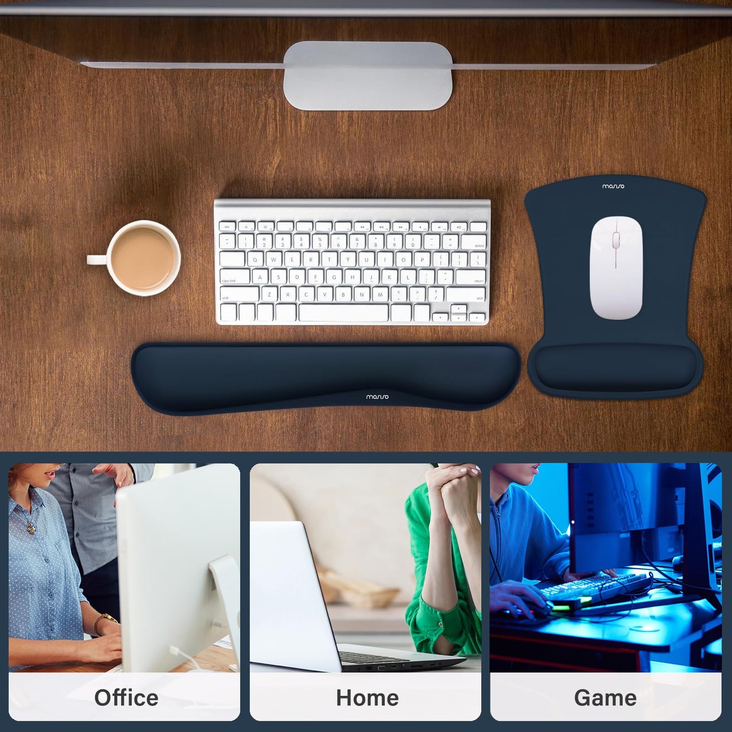 MOSISO Wrist Rest Support for Mouse Pad & Keyboard Set, Ergonomic Mousepad Non-Slip Base Home/Office Pain Relief & Easy Typing Cushion with Neoprene Cloth & Raised Memory Foam, Haze Blue
