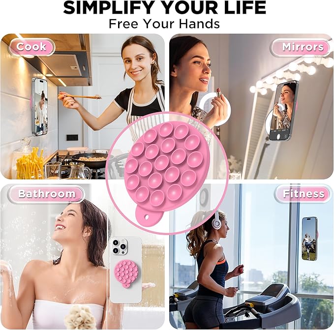 Magnetic Suction Cup Phone Mount for MagSafe Case, Silicone Hands-Free Phone Grip Holder for iPhone and Android, Mirror Shower Phone Stand for Makeup FaceTime Gym Kitchen Bathroom, Tender Pink
