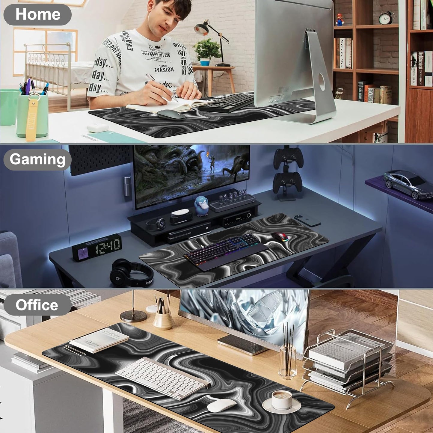 Black and White Marble Desk Mat,Large Marble Ink Texture Gaming Keyboard Mouse Pad,Non-Slip Rubber Base Desk Pad Thick Stitched Edges Waterproof Mousepad Mouse Mat 31.5"x11.8"