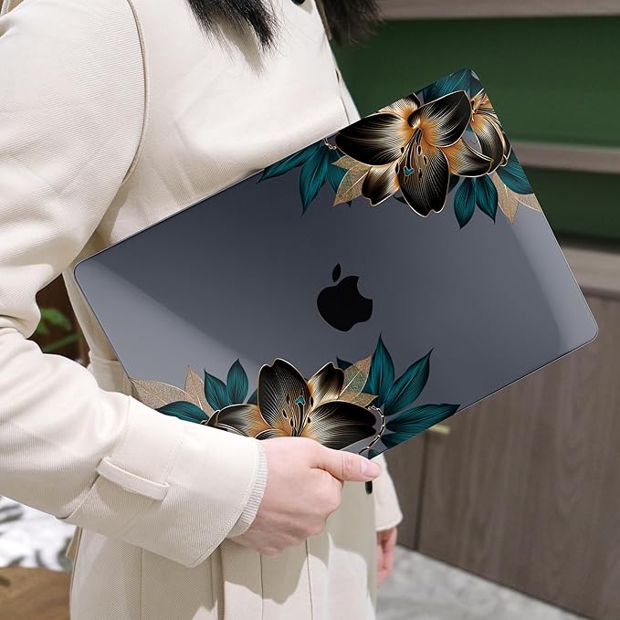 MEEgoodo for M4/M3/M2 MacBook Air 15.3 inch Case 2025 2024 2023, Case Fit Model (A3241/A3114/A2941) for MacBook Air 15 inch, Laptop Hard Shell with Keyboard Cover, Golden Lilies